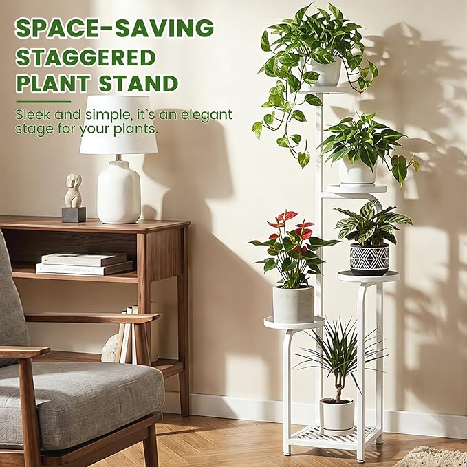 TOSKING 5 Tier Tall Plant Stand Indoor Outdoor,Anti-Tip Plant Stand indoor, Wide Base for Pots, Child and Pet Friendly,Heavy Duty Corner Shelf for Plants & Decor, Space Saving ,Tiered Metal Flower Pot Stand for Balcony, Garden, Living Room, Patio (Whit...