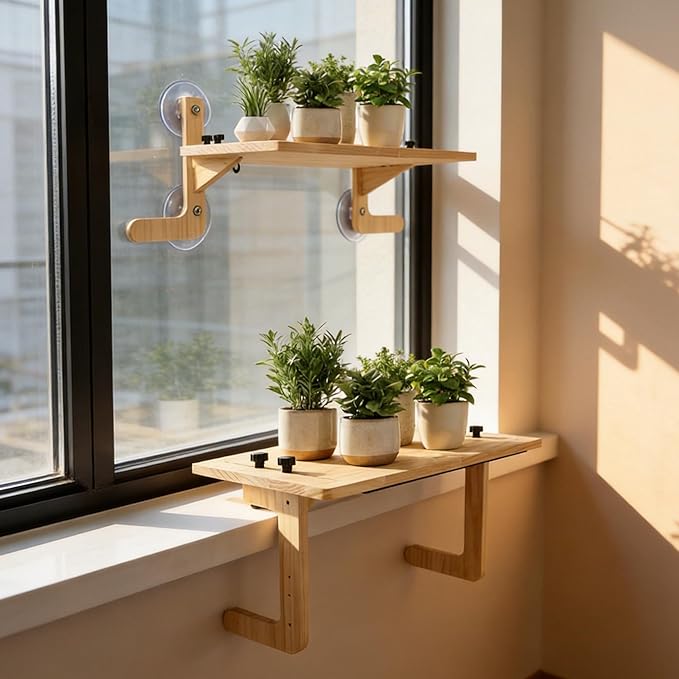 Window Plant Shelves with Suction Cups, Adjustable No-Drill Window Shelf for Plants, 21.7" Window Sill Extender, Heavy-Duty Window Plant Shelf for Indoor Window Gardens, Mounts on Glass or Walls