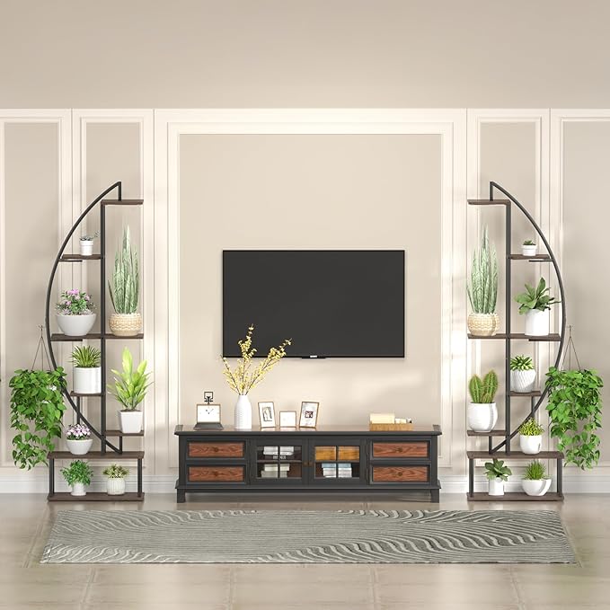 Plant Stand Shelf Indoor with 6 Grow Light, 7 Tiered 65" Tall Black Large Half Moon Lighted Plant Rack Holder, 2 Pack Big High Circular Arch Multi Herb Stand with Built in LED Grow Light Set