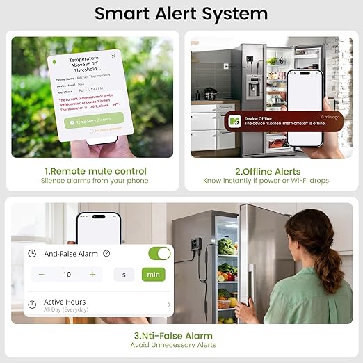 MOCREO WiFi Refrigerator Thermometer with Freezer Alarm, Dual Probes Digital Temperature Sensor with App & Email Alert, 2 Years Free Data Export, for Fridge, Kitchen