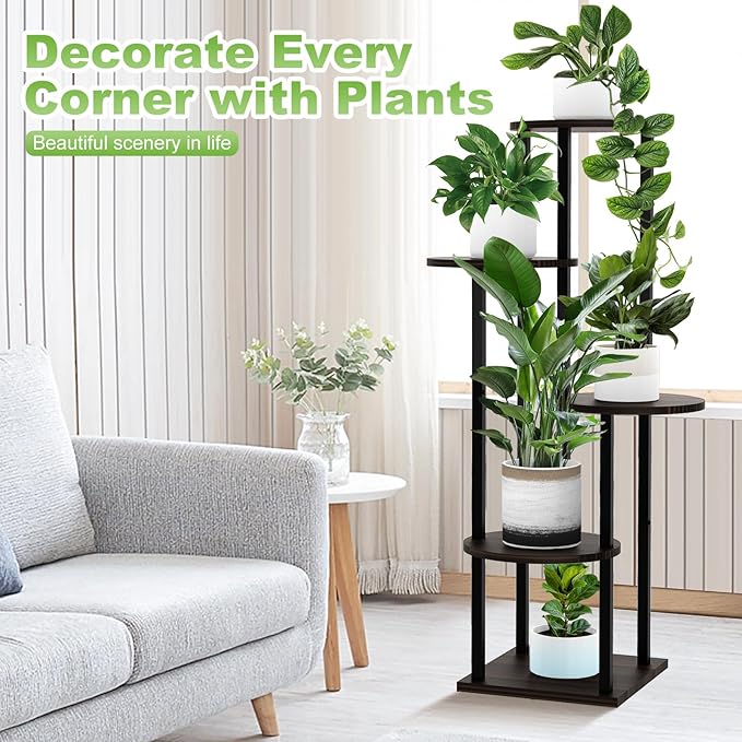 5 Tier Wood Tall Plant Stand Metal Rack Indoor, Multiple Flower Pot Holder Shelves Corner Rack, Round Planter Shelf Display Rack Storage Organizer for Patio Living Room Balcony(Black+Oak)