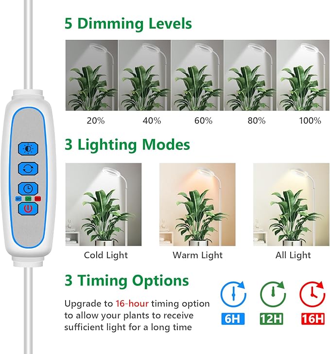 Aumtrly Floor Grow Lights for Indoor Plants, Full Spectrum Plant Light with 68" Stand for Growing Large Tall Plants, White Halo Grow Lamp with 6/12/16H Timer, 3 Light Modes, 5 Dimming
