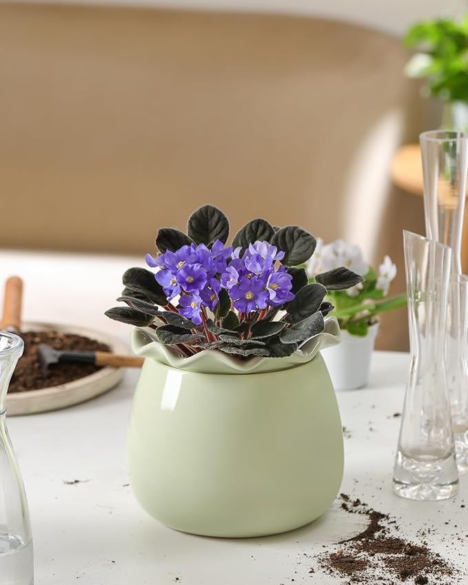 Fayoula Self Watering Plant Pot, 6 Inch African Violet Pots Maintenance, Ceramic Self-Watering Planter for Indoor Plants - Ideal Flower Pot for Thriving Indoor Gardens, Green