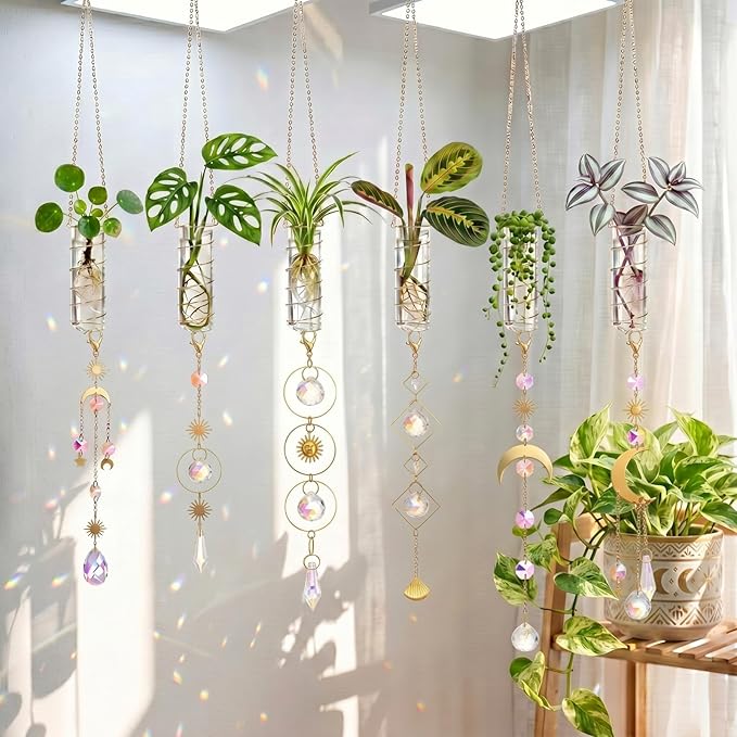 6 Pcs Plant Propagation Station Colorful Crystal Suncatcher, Handmade Boho Rooting Vase, Hanging Window Plant Propagator Stations Suncatcher with Chain Pendant Ornament Balls
