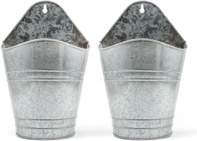 Hosley Set of 2 Galvanized Wall Planters, 10 Inch Hanging Metal Buckets for Indoor Outdoor Garden, Farmhouse Wall Decor, Rustic Patio & Balcony Planter Pots