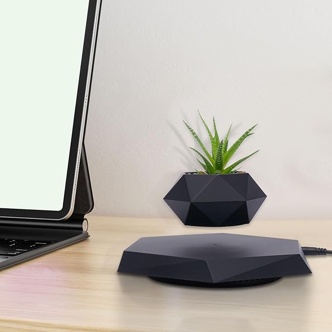Levitating Plant Pot Magnetic Levitation Suspension Floating Pot，Floating Plant Pot for Small Plants，360 Degree Rotation Planter，Potted Plant for Home, Office & Desk Levitating,Black