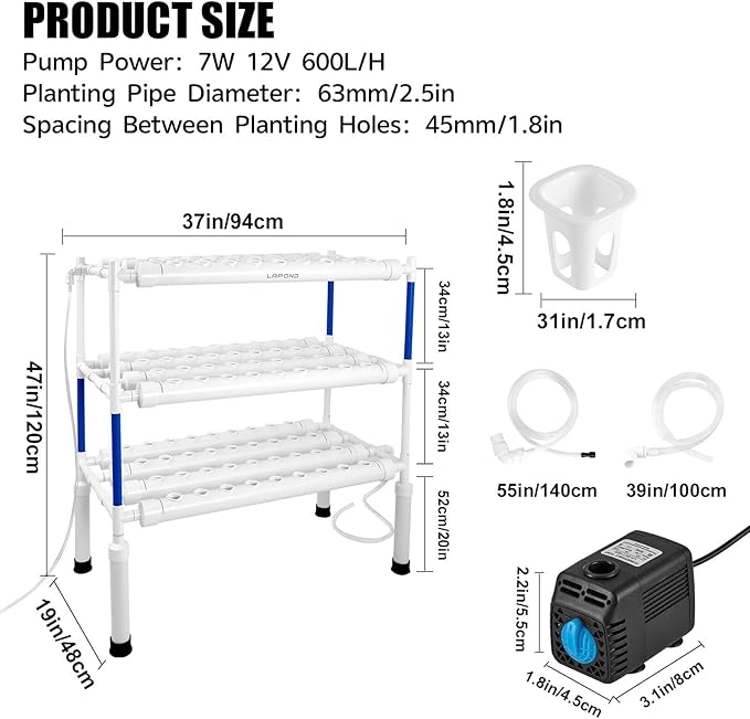 Upgraded Hydroponics Growing System Kit,108 Plant Sites 3 Layers Food-Grade PVC-U Pipes Hydroponic Grow Kit Gardening System for Vegetables,Flowers,Fruits,Herbs