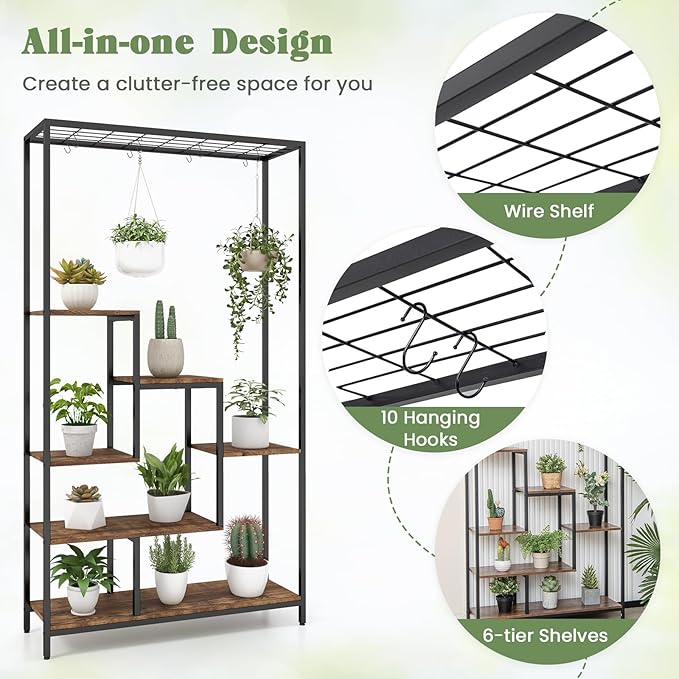 6-Tier Plant Stand Indoor, 70.9" Tall Plant Stand with 10 S Hanging Hooks, Metal Plant Shelf Corner Plant Stands for Indoor Plants, Garden, Balcony, Living Room (Brown)
