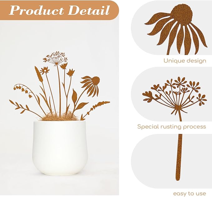 8-Piece Garden Bloom Stakes – Rustic Hand-Rusted Metal Flower Stakes for Flower Beds, Lawns, Pots, Patio, Outdoor Décor, Yard Art & Plant Decorations