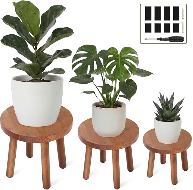 Pinkunn 3 Pcs Wood Plant Stand Indoor Plant Stand for 3-12 Inch Pots Mid-century Modern Plants Stool Plants Pot Holder Home Decor for Balcony Living Room Office Courtyard Detachable(Round Style)