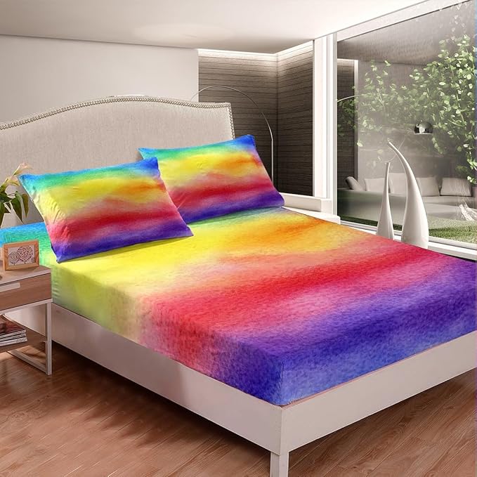 Feelyou Full Sheet Set for Kids Girls Rainbow Stripe Bright Watercolor Soft Kids Bedding Set, 1 Flat Sheet,1 Deep Pocket Fitted Sheet, and 2 Pillow Case, Breathable, Teens Children Bedroom Decor