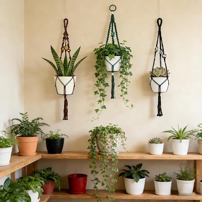 Nomylunota Macrame Plant Hanger with Boho Beads Handmade Hanging Planter Crochet Plant Holder(35.4 inches,Green & Brown & Black)