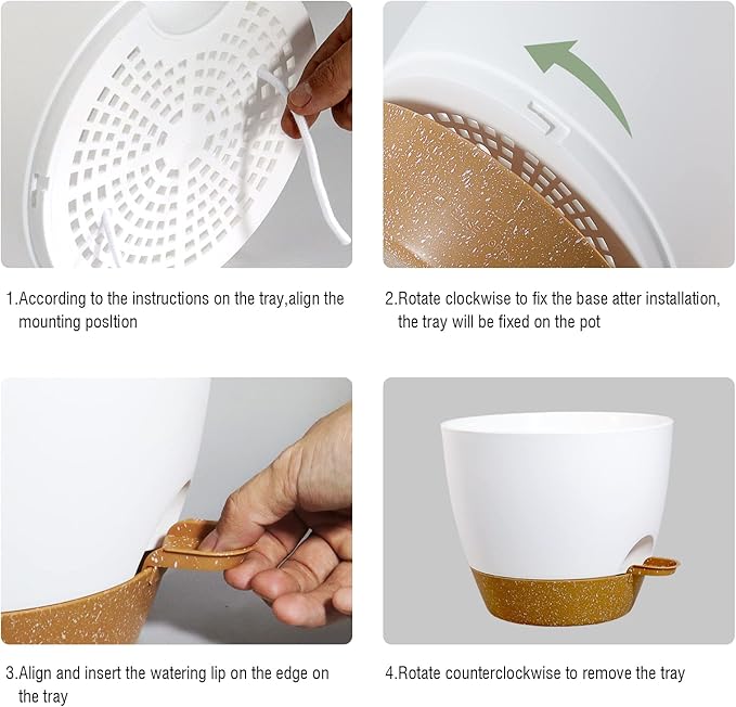 UOUZ Large Self Watering Pots, 12/10/9 Plastic Planters with High Drainage Holes and Deep Reservoir for Indoor Outdoor Garden Plants and Flowers, White with Brown