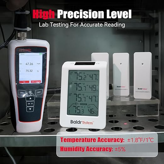 BaldrTherm Wireless Three Channel Thermometer Hygrometer, Large Display Temperature and Humidity Monitor, Smart Auto Backlight, 330ft Range and Real-Time Alerts for Indoor Outdoor, Orange