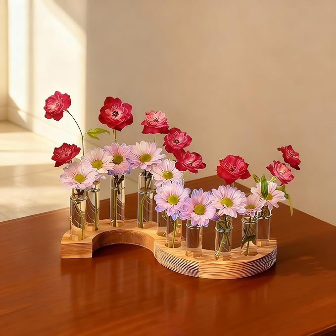 2 PCS Plant Propagation Station with Wooden Stand, Glass Terrarium Vases for Plants, Birthday Gifts for Women Mom Plants Lovers, Home Office Garden Decor, 10 Tubes