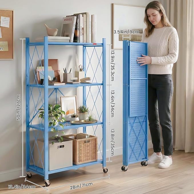 DEANIC 4 Tier Foldable Storage Shelves with Wheels, Large Capacity Shelving Unit, Freestanding Metal Wire Shelf Rack, No Assembly Organizer Rack for Garage Kitchen, Basement(Blue)