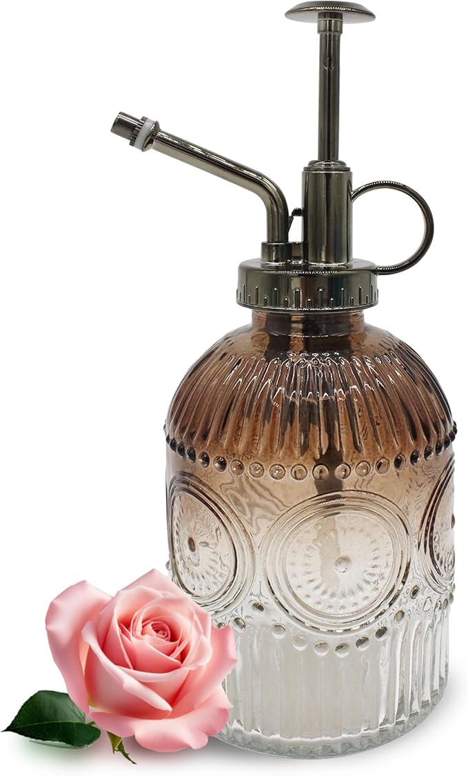 Glass Plant Mister Spray Bottle, 350ML Vintage Plant Spritzer with Top Pump Watering Can for Indoor Outdoor House Plants, Flowers (Brownish-White)