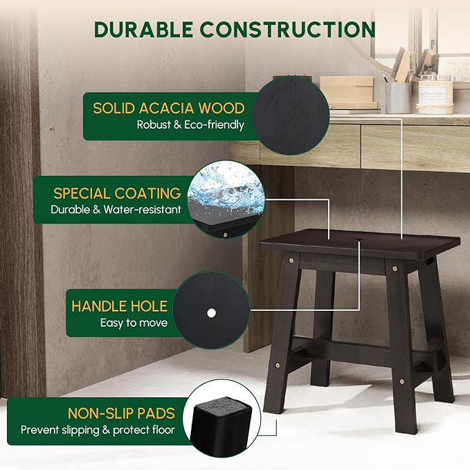 BEEFURNI Rectangular Acacia Wood Stool, Small Bench Seat, 18 Inch Stool, Wood Bathroom Vanity Bench, Plant Stand Indoor, 350 LBS Load Capacity, 1-Year Manufacturer Warranty (Black)