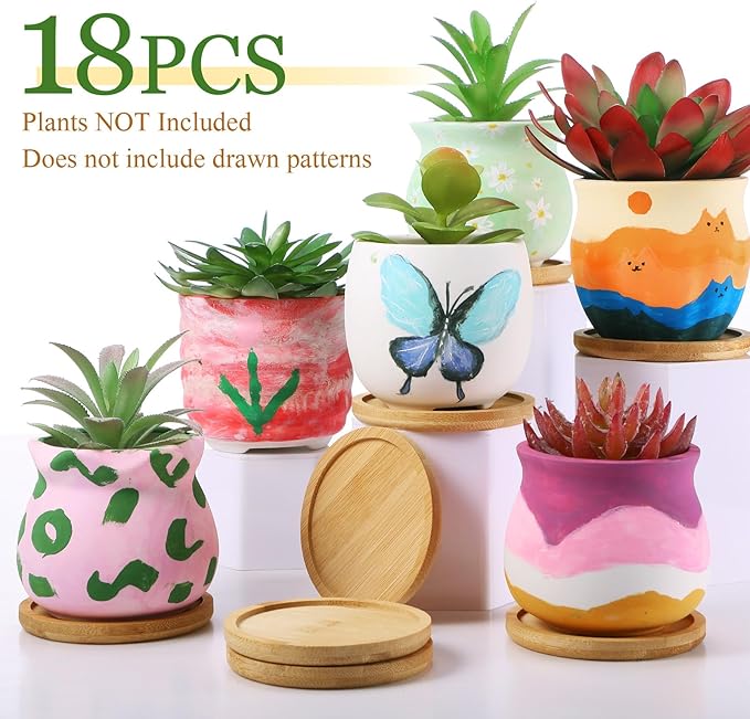 Remerry 18 Pcs 3.5 Inch Mini Succulent Pots with Bamboo Tray White Ceramic Pots Color Your Own DIY Small Planters Containers for Flower Cactus with Drainage Hole for Plant Lover