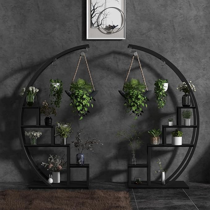 Patikuin 5-Tier Half Moon Metal Plant Stand Set of 2 – Tall Indoor & Outdoor Ladder Flower Shelf Rack with Hanging Hooks, Modern Multi-Tier Display for Living Room, Balcony & Garden