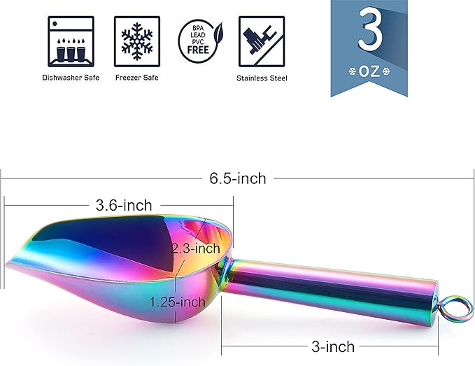 Mini Ice Scoop Set of 4, E-far 3 Ounce Rainbow Stainless Steel Scoops for Candy/Flour/Sugar, Small Metal Scoops for Party/Canisters Jars/Kitchen Bar/Ice Maker, Rust Proof & Dishwasher Safe
