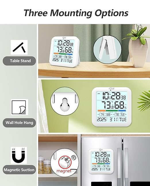 Mini Digital Indoor Thermometer Hygrometer Clock, Room Temperature Humidity Monitor with Calibration, Backlight, Air Comfort Indicator, 24H Max Min Record, Time, Alarm for Home (Size：3.2"x 3.2")