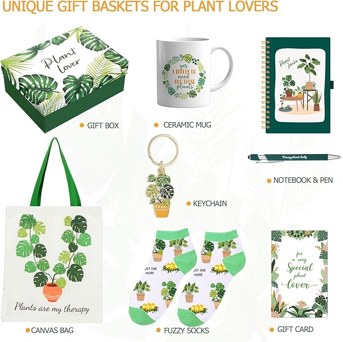 Pickmesh Plant Lover Gift Set for Women, 8 Pcs for Mom, Gardening Gifts for Mom Grandma, Includes Tote Bag, Mug, Notebook, Socks, Keychain & More, Birthday Gift for Women Plant Lover
