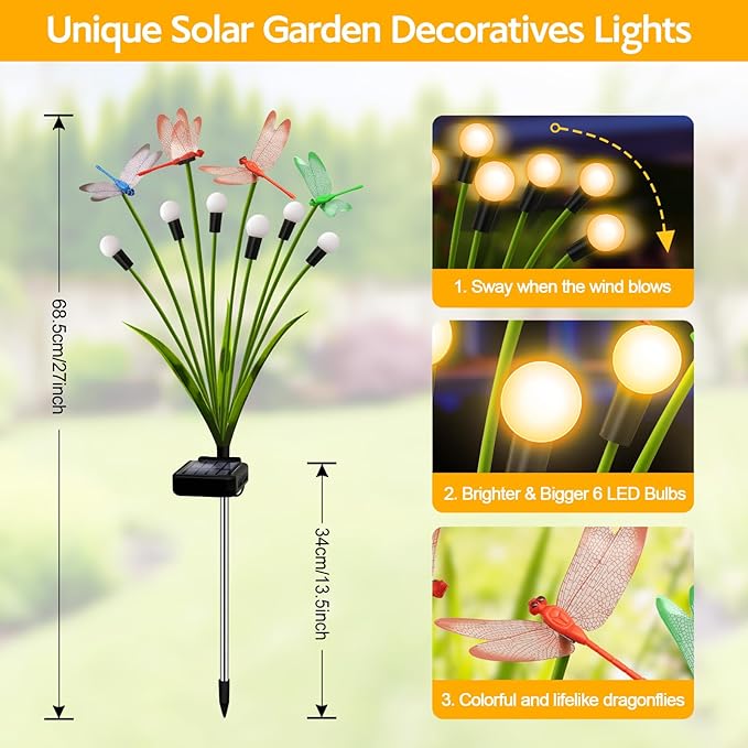 2 Pack Dragonfly Decorative Garden Stakes, 8Pcs 3D Dragonfly Decorations with Solar Firefly Lights Realistic Waterproof Dragonflies Solar Lights Outdoor for Yard Art Patio Plant Pot Flower Bed Lawn