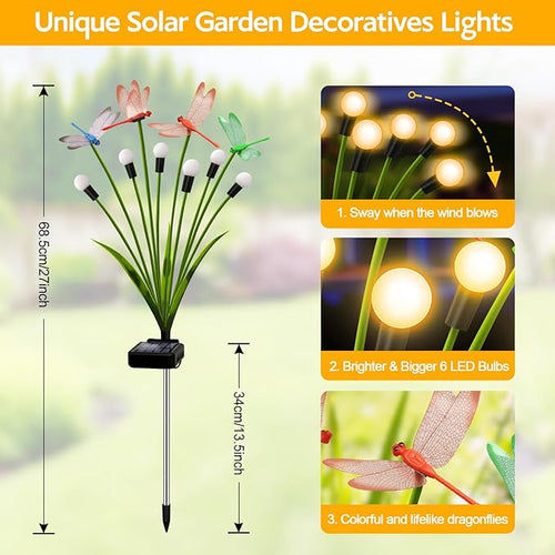 2 Pack Dragonfly Decorative Garden Stakes, 8Pcs 3D Dragonfly Decorations with Solar Firefly Lights Realistic Waterproof Dragonflies Solar Lights Outdoor for Yard Art Patio Plant Pot Flower Bed Lawn