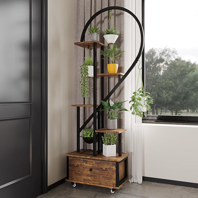 Heart Shaped Indoor Plant Stand with Rolling Storage Cabinet & Drawer, Multi-Tier Plant Shelf with Hanging Hooks & Casters for Home Office Living Room Patio Balcony, Rustic Brown, 2 Pack