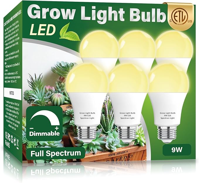 6 Pack Full Spectrum Grow Light Bulbs,A19 Grow Lights for Indoor Plants,Dimmable E26 9W Grow Bulb Replace up to 100W,Plant Lights for Indoor Growing,Flowers,Greenhouse,Indore