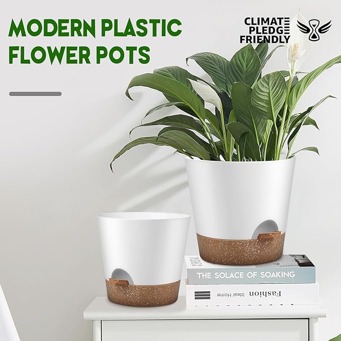 YNNICO Indoor Outdoor Plant Pots- Self Watering Planters with Drainage Holes and Saucers, 9,8, 7.5 Inches, 3 Pots (Snow)
