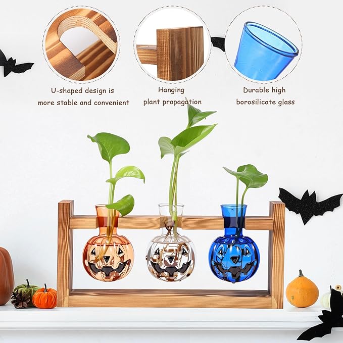 Mimorou Plant Propagation Stations Plant Terrarium with Wooden Stand Hydroponics Glass Vase Planter for Home Office Garden Table Decoration(Pumpkin)