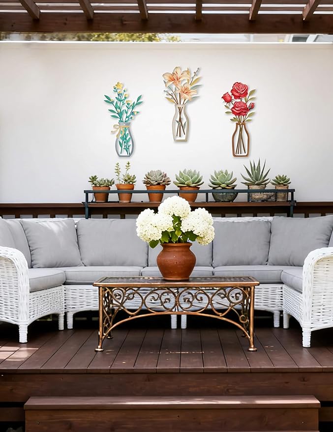 AXHoustake 3 Piece Metal Flower Wall Decor Set - DIY Rustic Colorful Floral Wall Art for Bathroom, Kitchen, Living Room, Bedroom - Farmhouse Metal Wall Art with Lily, Rose, Daisy - Housewarming Gift