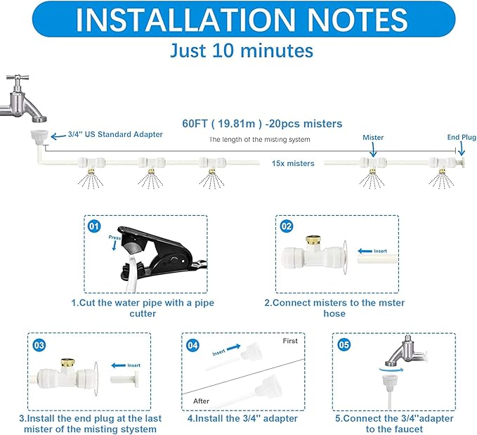 Mister System for Outside Patio, White Misting Kit for Backyard, 65Ft (20M). Outdoor Cooling Mist for Outside Garden, Deck, Umbrella, Canopy, Pool, Porch,Greenhouse, Trampoline Sprinkler, Kids, Park