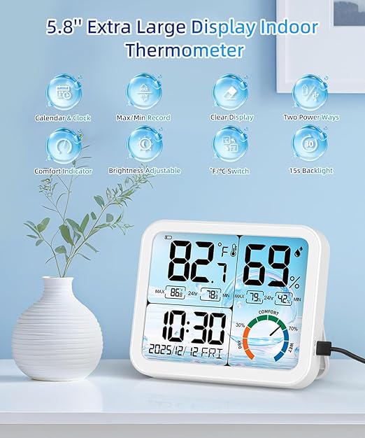 VOCOO 5.8" Large Display Indoor Thermometer Hygrometer - Backlight LCD with Comfort Indicator, Max/Min Records, Clock & Calendar, Dual Power (USB/Battery), Wall Mount or Tabletop