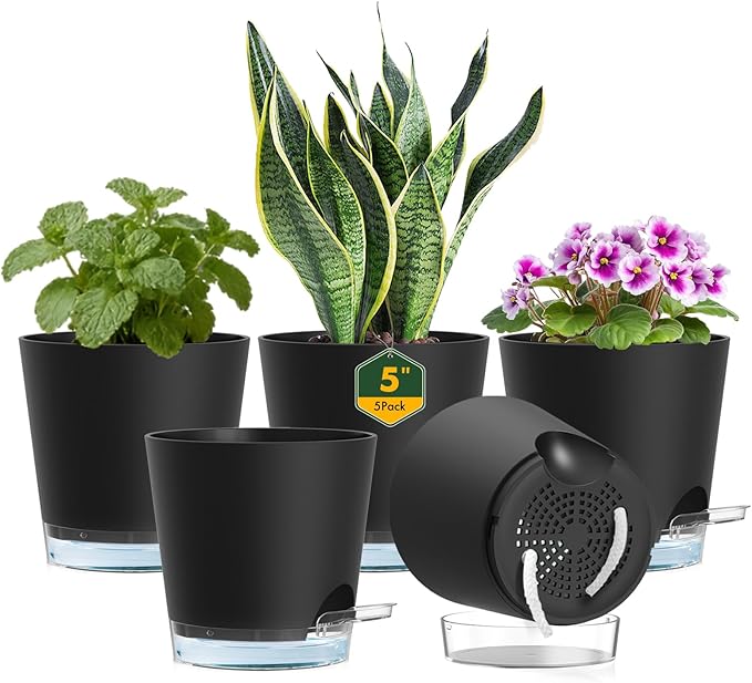 Meowell 5 inch Self Watering Flower Pots for Indoor Plants, 5 Pack Small Plant Pots with Drainage Holes & Clear Reservoir for Visible Water Level, Plastic Wicking Planter Pots for House Plants, Black