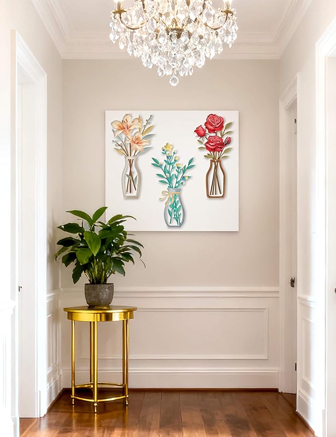 AXHoustake 3 Piece Metal Flower Wall Decor Set - DIY Rustic Colorful Floral Wall Art for Bathroom, Kitchen, Living Room, Bedroom - Farmhouse Metal Wall Art with Lily, Rose, Daisy - Housewarming Gift