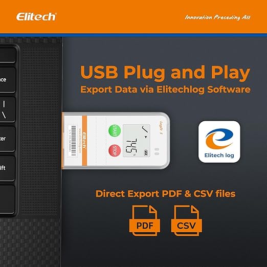 Elitech USB Digital Data Logger with Temperature Humidity External Probe Reusable Recorder with Shadow Data 32000 Points, Auto PDF/CSV Report, for Windows/MacOS, Refrigerator Thermometer LogEt5THE