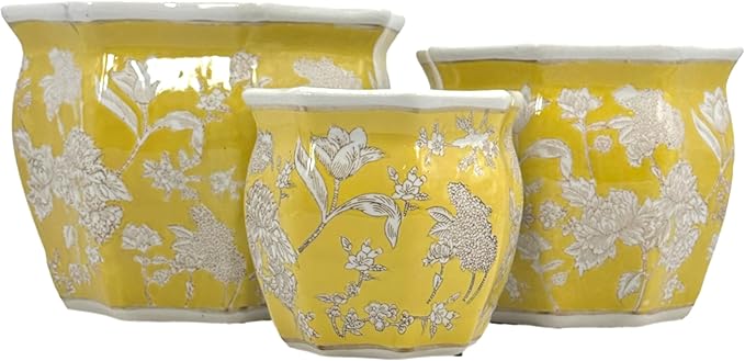 Galt International Yellow & White Round Fluted Floral Porcelain Ceramic Plant Flower Planter Pot Set of 3 (7.5", 10", 13") Garden Pots Chinese Asian Design