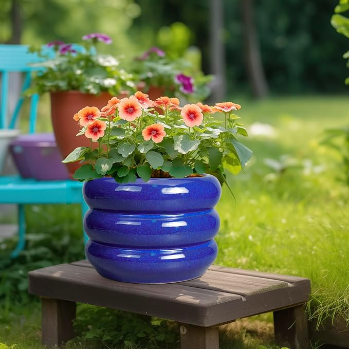 SQOWL Ceramic Plant Pot - 10 Inch Planter for Outdoor Plants Indoor Plant Pot with Drainage Hole Large Planter Decorative Modern Flower Pot for Home Office Decor Blue