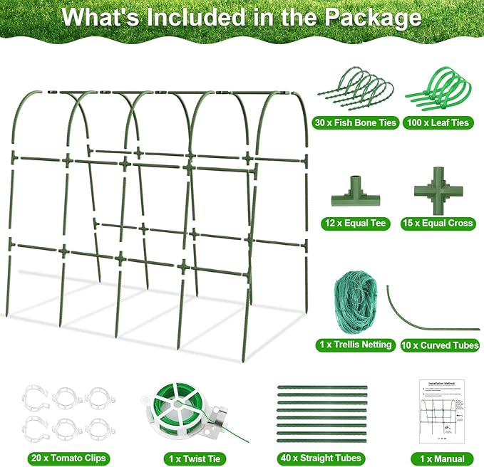 Cludoo Cucumber Trellis for Raised Bed Garden, U-Shape Arch Trellis for Climbing Plants Outdoor, Metal Vegetables Trellis with Netting, Garden Trellis for Cucumber Plants Sweet Pea Bean Grape