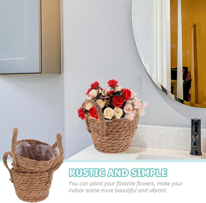 Alipis Seagrass Basket Planter Woven Flower Pots 2pcs 15cm Rattan Storage Basket Plant Container Straw Flower Pot for Indoor and Outdoor Plants