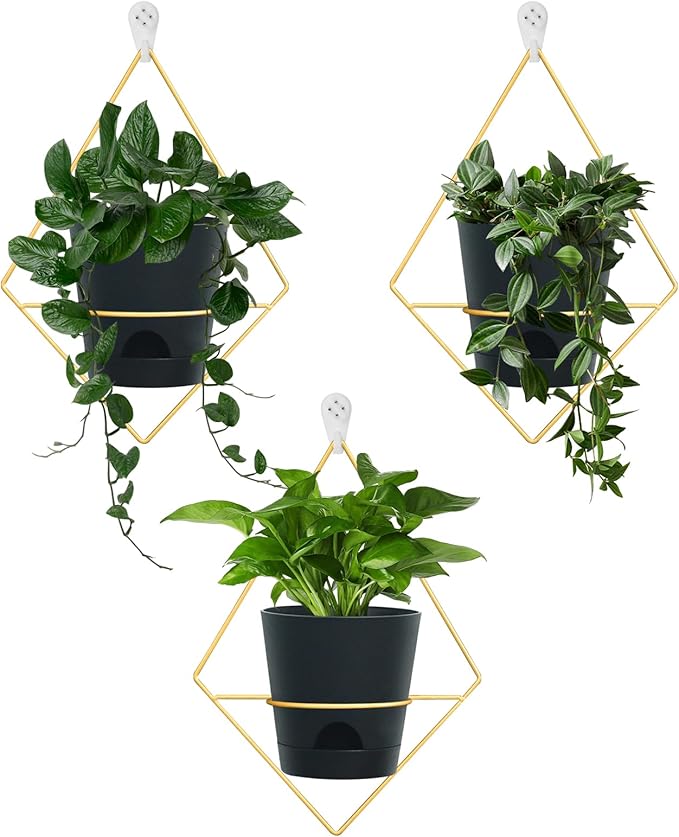 Koalaime 3 Sets Wall Planters for Indoor Plants Geometric Hanging Planters for Indoor Plants - Self-Watering Flower Pots with Black Metal Holder, Mounted Succulent Planter, 5" Black Plant Pot