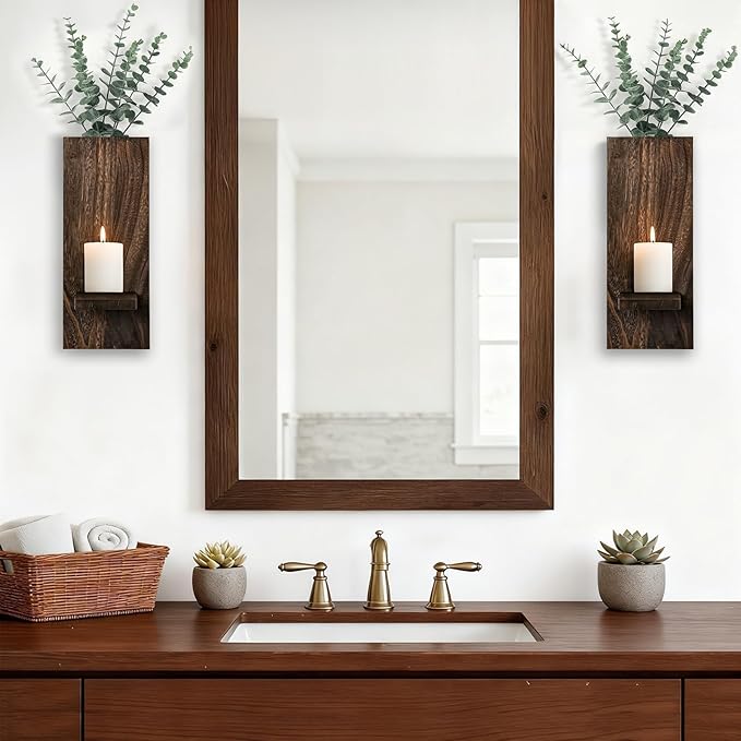 Wood Wall Planter Set of 2, Wooden Wall-Mounted Vase with Shelf for Plants & Candles, Farmhouse Hanging Wall Decor for Living Room, Bedroom, Bathroom, Entryway, Narrow Spaces, 13.8" x 5"