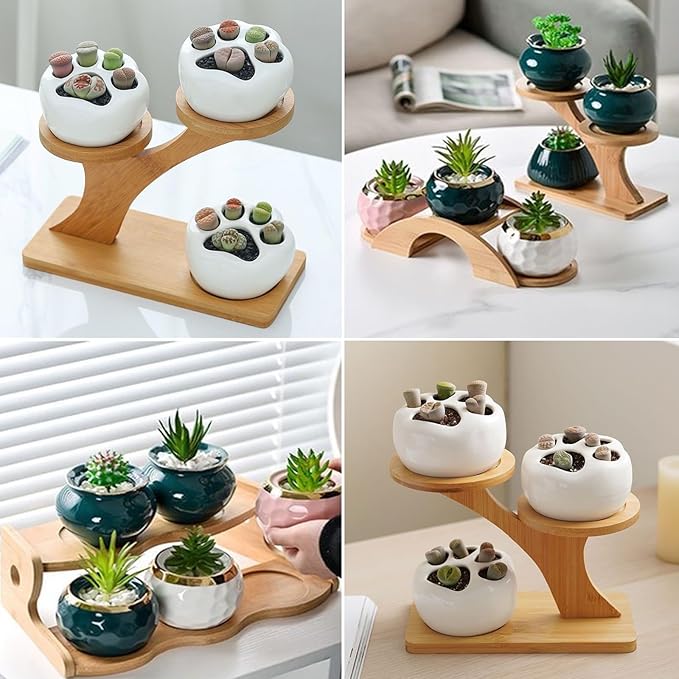 1 Pack Tabletop Plant Stand Indoor Small Windowsill Flower Shelf Bamboo Mini Succulent Windowsill Shelf Bamboo Trayfor Home, Office, Living Room, Bedroom Decoration(Without plant pot)