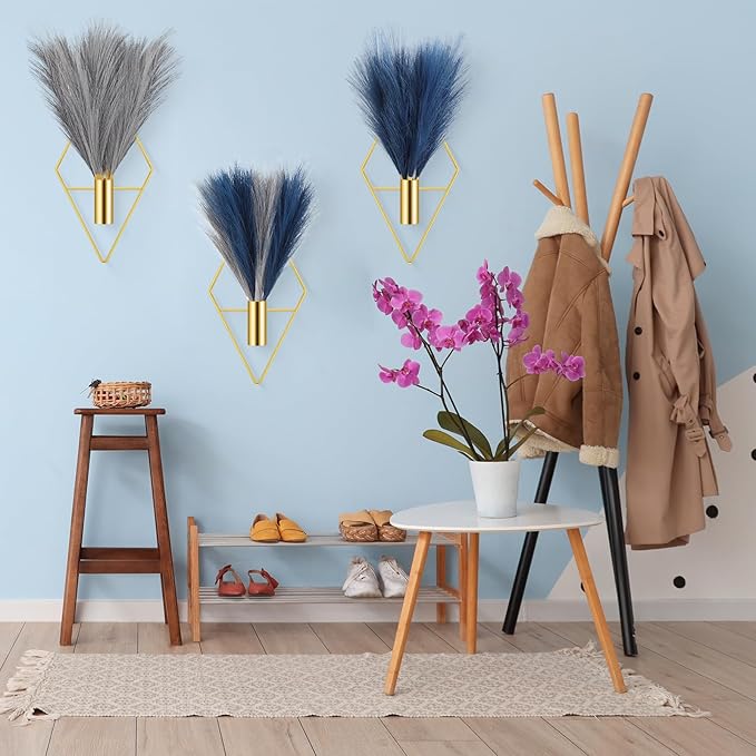 Hanaive 4 Sets Boho Gold Wall Decor Metal Wall Art Hanging Planters with Artificial Pampas Display Art Modern Home Metal Vase for Bedroom Living Room Home Office(Gold, Blue, Light Gray)