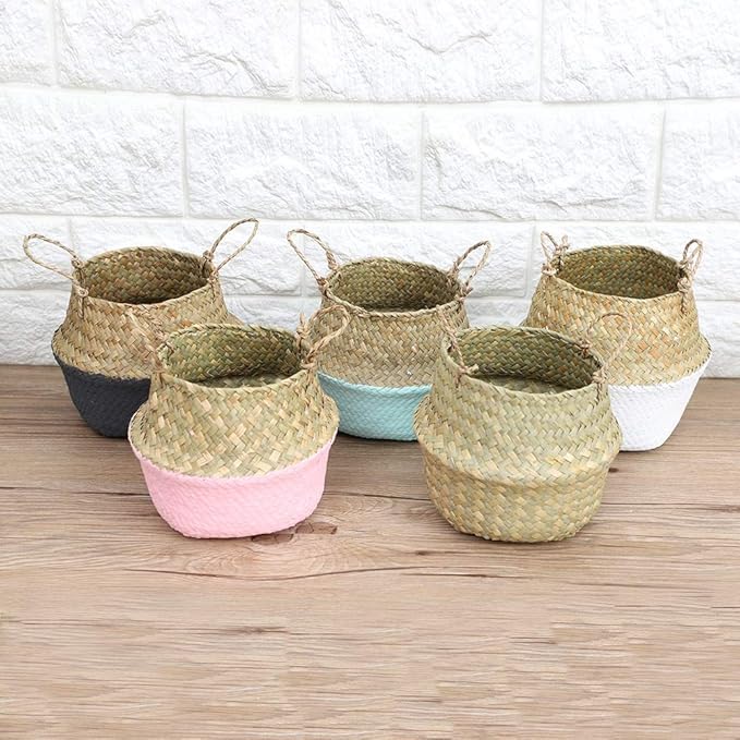 2PCS Large Seagrass Belly Basket Planter Woven Rattan Wicker Plant Pot Round Boho Decorative Wicker Planter for Home Decor(Black)