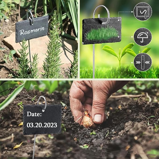 Slate Plant Labels Garden Markers Signs Labels with Stainless Steel Stake & Marker Pen Waterproof Slate Plant Labels for Flowers, Herbs, Potted Plants, Seed (Round, 10PCS)