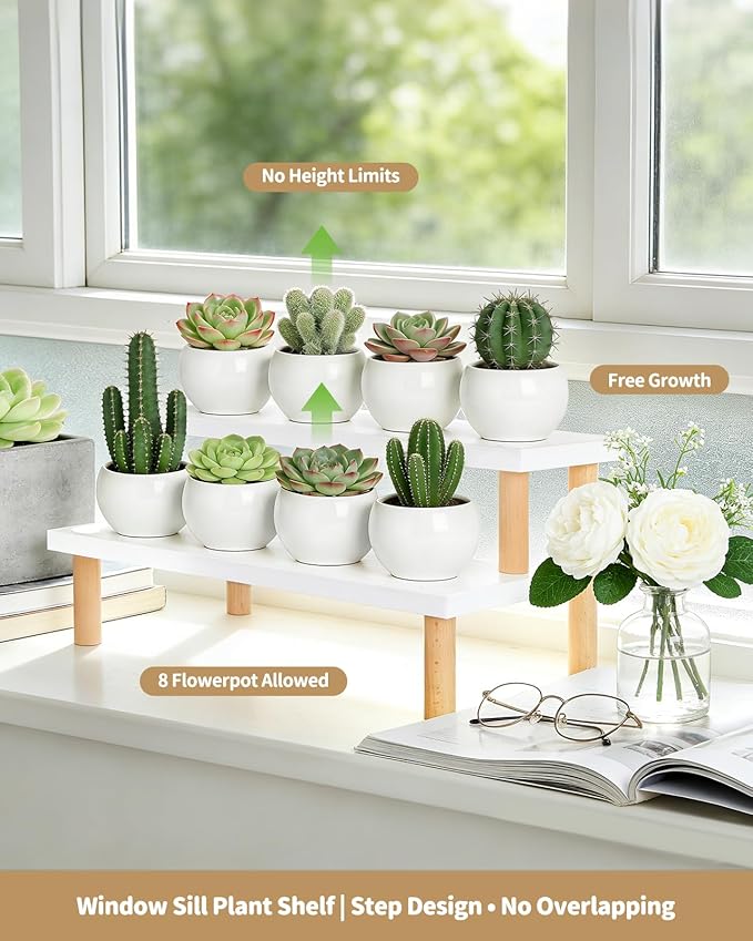 2 Tiered White Table Top Plant Stand, 15mm Thick Wooden Desktop Succulent Stand , Small Window Sill Plant Shelf for Indoor Kitchen,Countertop,Office Desk, Ladder Shelf,Modern,(14.2")